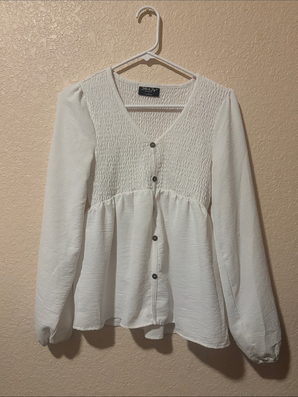 Smocked V-Neck Button-Front White Blouse